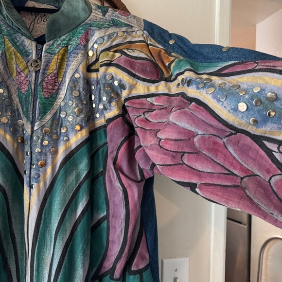 Vintage 90s 80s hand painted leather tassel denim jacket. Size L - Picture 10 of 11